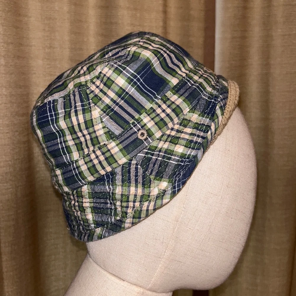 Toddler Boys Reversible Bucket Hat Khaki and Blue Green White Tan Plaid
